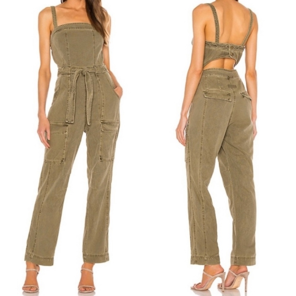 Free People Go West Utility Jumpsuit Army Sage Military Green Belted Fall Large - Picture 3 of 16
